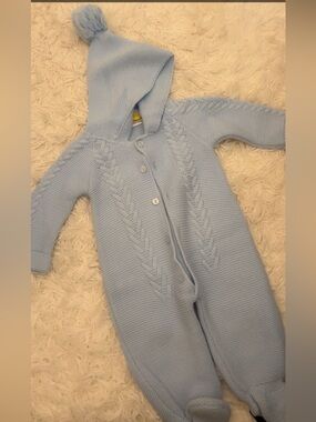 Classic Hooded Knit Baby One-Piece Pram Suit - Light Blue